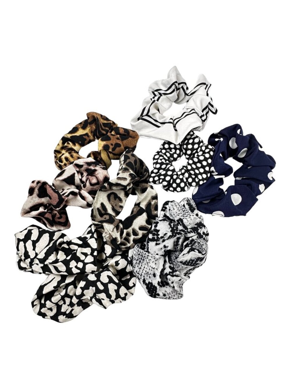 Animal Print & Polka Dot Hair Scrunchies Set Pack Of 8 Soft Fabric Durable Elast